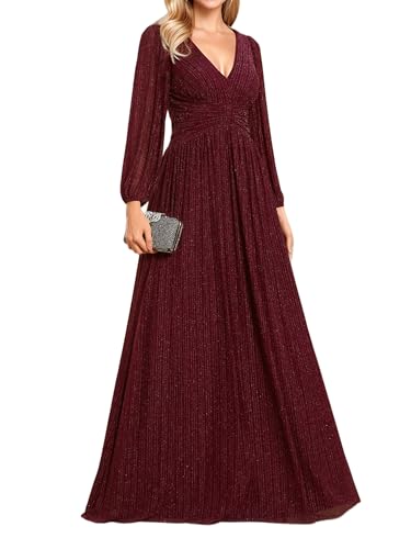 41BsemQXupL.jpg Women's A-Line Long Lantern Sleeves Formal Gowns Empire Waist Long Glitter Evening Dress