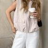 Women's Casual Zip Up Vest Cargo Ruched Hem Lightweight Sleeveless Blazer Oversized Jackets Top with Pockets