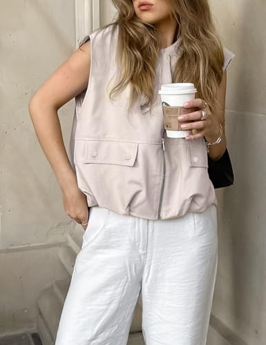 Women's Casual Zip Up Vest Cargo Ruched Hem Lightweight Sleeveless Blazer Oversized Jackets Top with Pockets