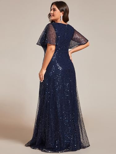 41D0Dl4P37L.jpg Women's V Neck Sequin Plus Size Ruffle Sleeves Long Formal Dresses 02120-DAPH