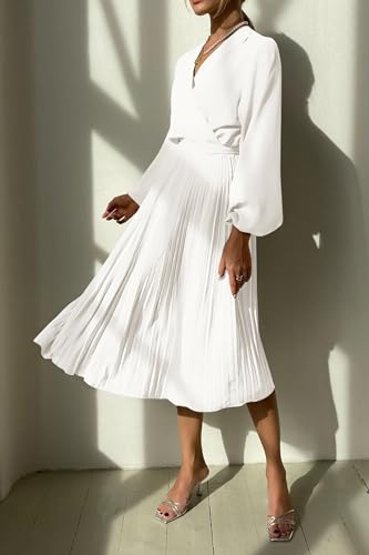 Women's Spring Midi Dress Long Puff Sleeve Wrap V Neck Flowy Ruffle Pleated Casual Fall Dresses