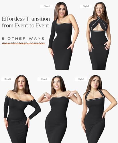 41DYdmA5gmL.jpg Long Sleeve Maxi Dress Bodycon Cocktail Dress Shapewear Tummy Control Fall Formal Dresses Built-in Bra