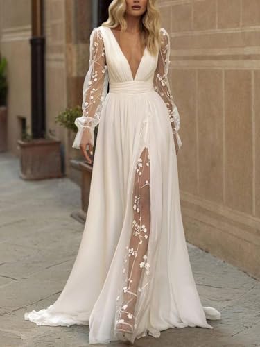 41DfTMUDU7L.jpg Long Sleeves Wedding Dresses for Bride Lace Chiffon A Line Long Beach Bridal Dress for Women