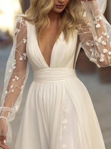 41DwEIYhfjL.jpg Long Sleeves Wedding Dresses for Bride Lace Chiffon A Line Long Beach Bridal Dress for Women