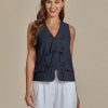 Linen Vest for Women Trendy Sleeveless Tie Front Tops Summer Casual Top Waistcoat Suit Vests with Pockets