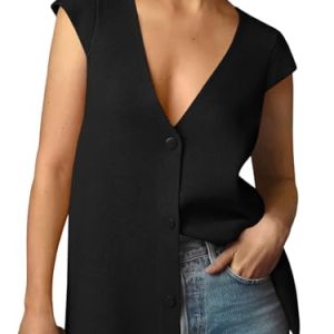 Womens Deep V Neck Sweater Vest Sleeveless Knit Button Up Loose Fit Cap Sleeve Trendy Summer Tops