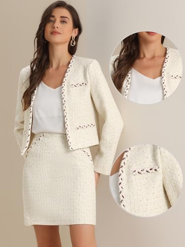 41EXXPpTw2L.jpg 2 Piece Tweed Plaid Skirt Set for Women's Business Collarless Blazer and Mini Skirt Suit Sets