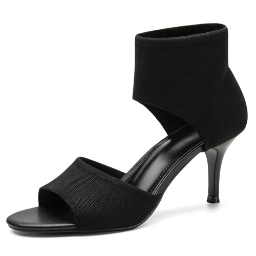 41EcNKdGF7L.jpg Mousse Fit Women Retro Peep Toe Elegant Stiletto Low Heeled Sandals Breathable Mesh Knit Elastic Design Upper Comfortable Shoes