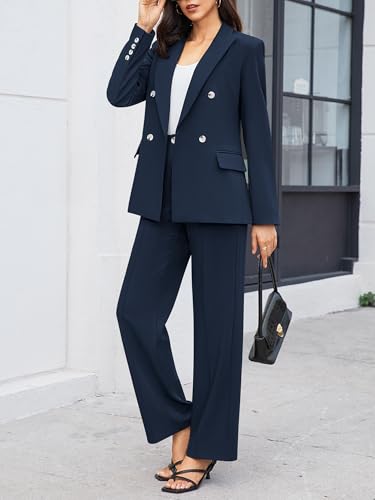 41EkpOSZkVL.jpg Women's 2 Piece Business Casual Outfits Double Breasted Blazer Dressy Wide Leg Work Pants Suits Set
