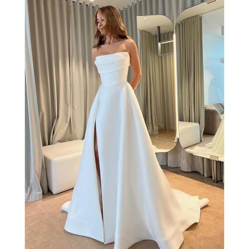 Simple Satin Wedding Dresses for Bride Women Off Shoulder Sleeveless Ball Gown Beach Bridal Gown with Train