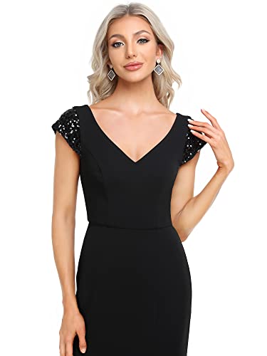Women's V-Neck Cap Sleeves Sequin Mermaid Floor-Length Evening Dresses 01586
