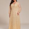 41GwtNVQPOL.jpg Women's Elegant A-Line V Neck Sheer Long Sleeves Plus Size Sequin Formal Dress Evening Gown