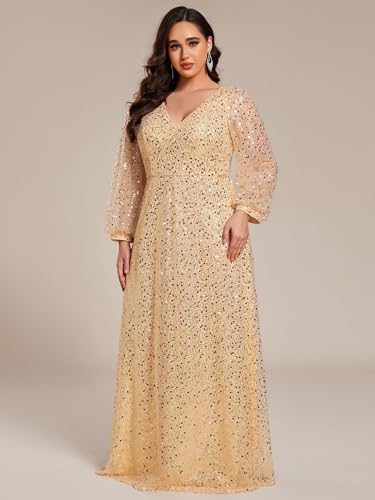 41GwtNVQPOL.jpg Women's Elegant A-Line V Neck Sheer Long Sleeves Plus Size Sequin Formal Dress Evening Gown