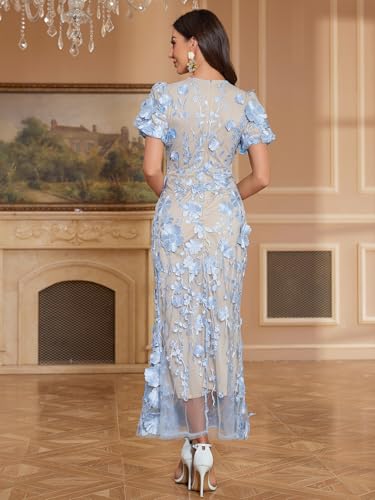 Women's 3D Floral Embroidery Dress Ruffle Sleeve Fishtail Lace Bodycon Party Cocktail Mini Dress