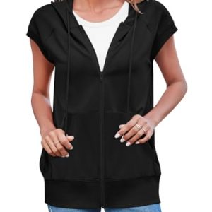 Women's Sleeveless Zip Up Hoodies Casual Loose Fit Drawstring Sweatshirts Lightweight Jackets Vest with Pockets