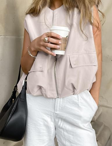 Women's Casual Zip Up Vest Cargo Ruched Hem Lightweight Sleeveless Blazer Oversized Jackets Top with Pockets