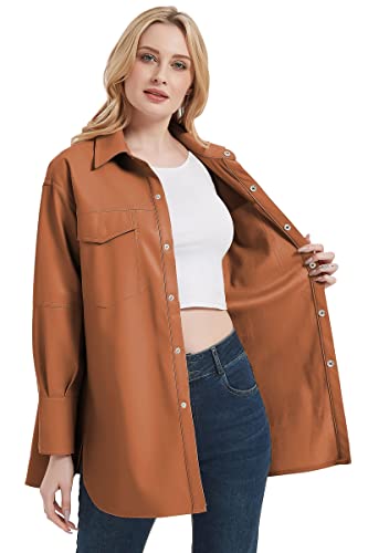 41MuGJq8MOL.jpg Women Faux Leather Shacket Jacket,Spring Fall Vegan Pleather Casual Lapel Button Down Long Sleeve Shirts