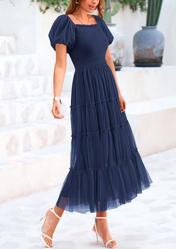 Women's Smocked Tulle Midi Dress 2025 Summer Square Neck Puffy Short Sleeve Ruffle Wedding Guest Party Dresses
