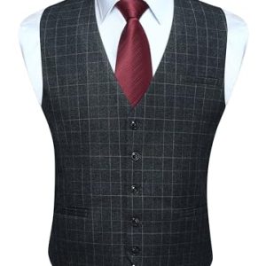 Men's Suit Vest Plaid Dress Vest for Men Slim Fit Formal Business Waistcoat Tuxedo V-Ncek Solid Vest for Wedding