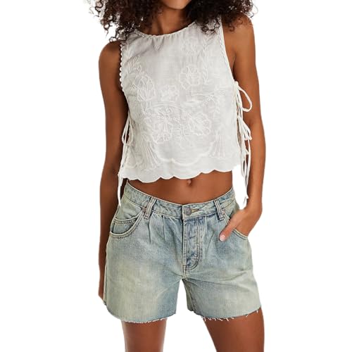 Embroidery Flower Tank Tops for Women Y2K Sleeveless Square Neck Tie Up Cropped Vest Summer Chic Going Out Blouse