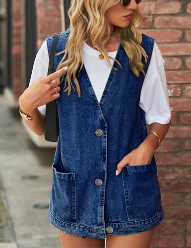 41OcO7J70DL.jpg Women's Casual Denim Jean Vest Oversized Sleeveless Mid Long Button Down Jeans Jackets Vests Tops Waistcoat 