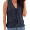 Linen Vest for Women Trendy Sleeveless Tie Front Tops Summer Casual Top Waistcoat Suit Vests with Pockets