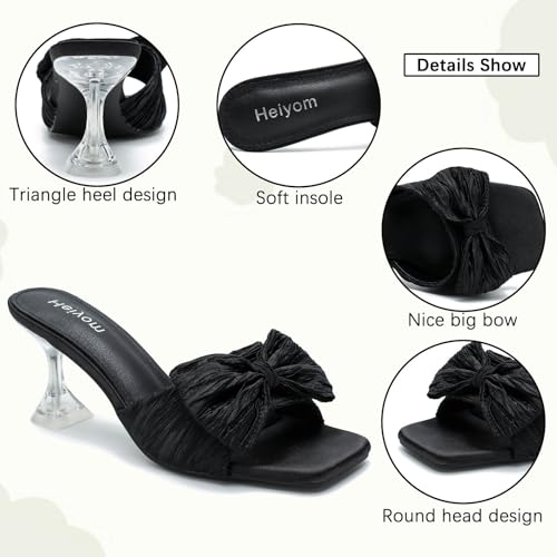 Women's Bowknot Heeled Sandals Square Toe Pleated Bow Heels Slippers Stilettos Mules Slip on Wedding Party Dress Shoe