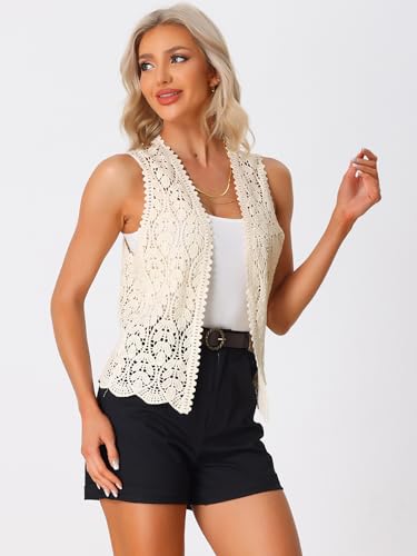 Women's Floral Crochet Hollow Out Sleeveless Open Front Boho Vest Cardigan