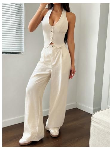 Women's 2 Piece Outfits Halter Button Down Vest Crop Tops and High Waisted Pants Set