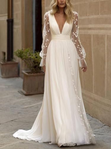 41SPg3aBY7L.jpg Long Sleeves Wedding Dresses for Bride Lace Chiffon A Line Long Beach Bridal Dress for Women