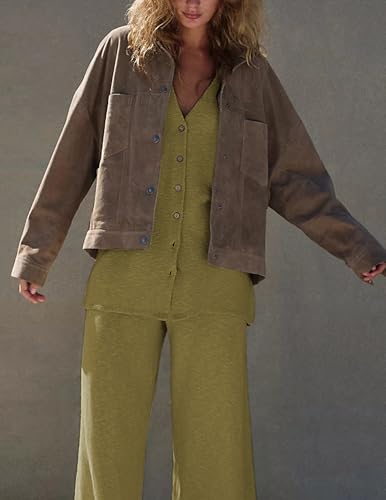 41SS8IayfQL.jpg Women's 2025 Sweater Set Sleeveless Button Down Vest Wide Leg Pants 2 Piece Outfits Summer Casual Matching Loungewear