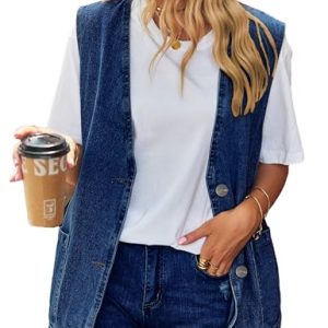 Women's Casual Denim Jean Vest Oversized Sleeveless Mid Long Button Down Jeans Jackets Vests Tops Waistcoat ﻿