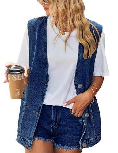 41SY1sCXKqL.jpg Women's Casual Denim Jean Vest Oversized Sleeveless Mid Long Button Down Jeans Jackets Vests Tops Waistcoat 