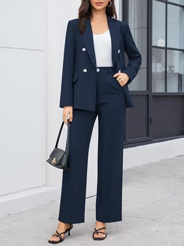 41Sfv4reAdL.jpg Women's 2 Piece Business Casual Outfits Double Breasted Blazer Dressy Wide Leg Work Pants Suits Set