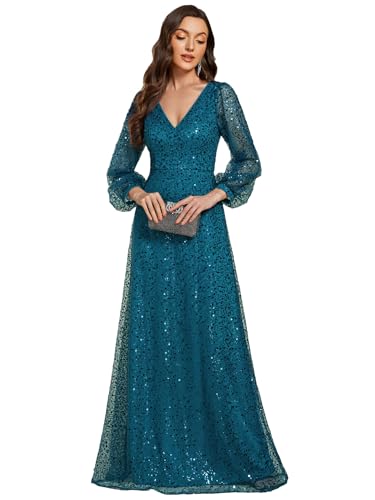 Women's Sparkle Sequin A-Line V Neck Beaded Evening Gown Long Sheer Sleeves Formal Dresses 01999