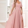 41WGs7BuytL.jpg Women's Chiffon Flutter Sleeve Bridesmaid Dress Long with Slit V-Neck Pleated Formal Evening Party Gowns