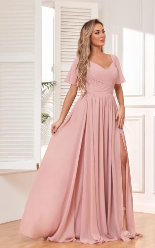 41WGs7BuytL.jpg Women's Chiffon Flutter Sleeve Bridesmaid Dress Long with Slit V-Neck Pleated Formal Evening Party Gowns