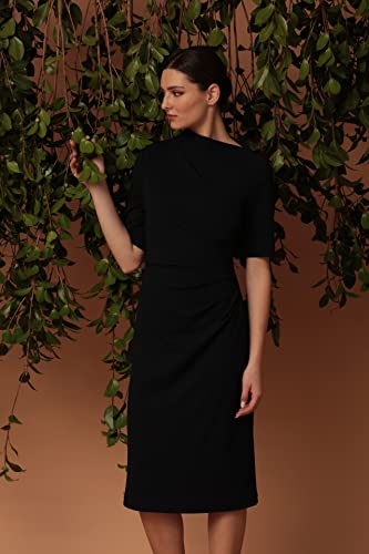 Women's Side Pleat Dress with Asymmetric Neck and Elbow Sleeves