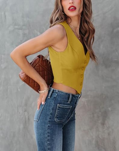 Women's Business Button Up Sleeveless Vests Fully Lined V Neck Regular Fitted Jacket Waistcoat