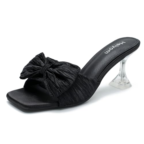 Women's Bowknot Heeled Sandals Square Toe Pleated Bow Heels Slippers Stilettos Mules Slip on Wedding Party Dress Shoe
