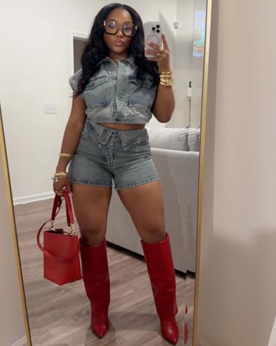 41WpUqf-J9L.jpg Women's Denim 2 Piece Outfits Button Down Crop Jacket and Shorts Set Summer Sexy Jeans Tracksuits
