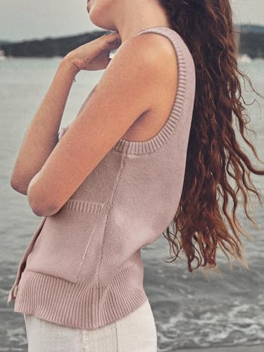 Womens Sweater Vest Summer Ribbed Tank Tops Sleeveless Button Down Shirts Scoop Neck Top for Women