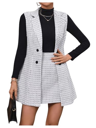 Women's 2 Piece Outfit Workwear Plaid Print Lapel Neck Vest Blazer and Skirt Set