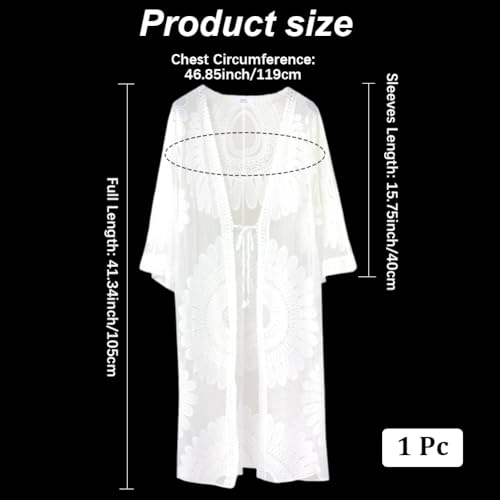 41YZYmEwjjL.jpg Long White Lightweight Summer Cardigan 2025 Sheer Lace Mesh Crochet Boho Open Front Cover Up Swimsuit Swimwear Bathing Suit
