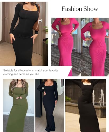 41YgIYxUT2L.jpg Long Sleeve Maxi Dress Bodycon Cocktail Dress Shapewear Tummy Control Fall Formal Dresses Built-in Bra