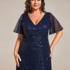 41aPGCRXdL.jpg Women's V Neck Sequin Plus Size Ruffle Sleeves Long Formal Dresses 02120-DAPH