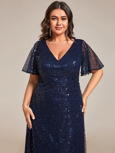 41aPGCRXdL.jpg Women's V Neck Sequin Plus Size Ruffle Sleeves Long Formal Dresses 02120-DAPH