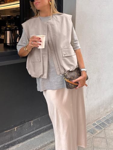 Women's Casual Zip Up Vest Cargo Ruched Hem Lightweight Sleeveless Blazer Oversized Jackets Top with Pockets