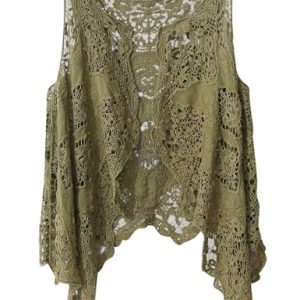 Women's Open Front Cotton Crochet Lace Boho Hippie Butterfly Vest Cardigan Coverup Sleeveless Irregular Hem
