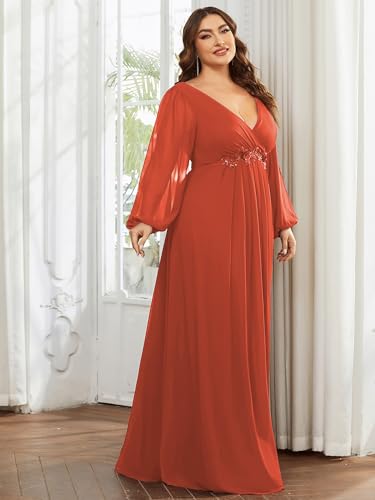 Women's Elegant Floor Length V Neck Lantern Sleeves Floral Applique Plus Size Formal Evening Dresses